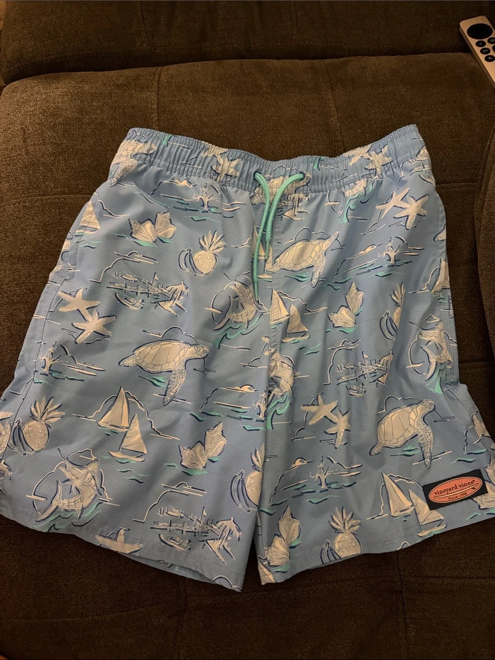 Vineyard Vines Light Blue Kids Swim Trunks with Sea Life Print